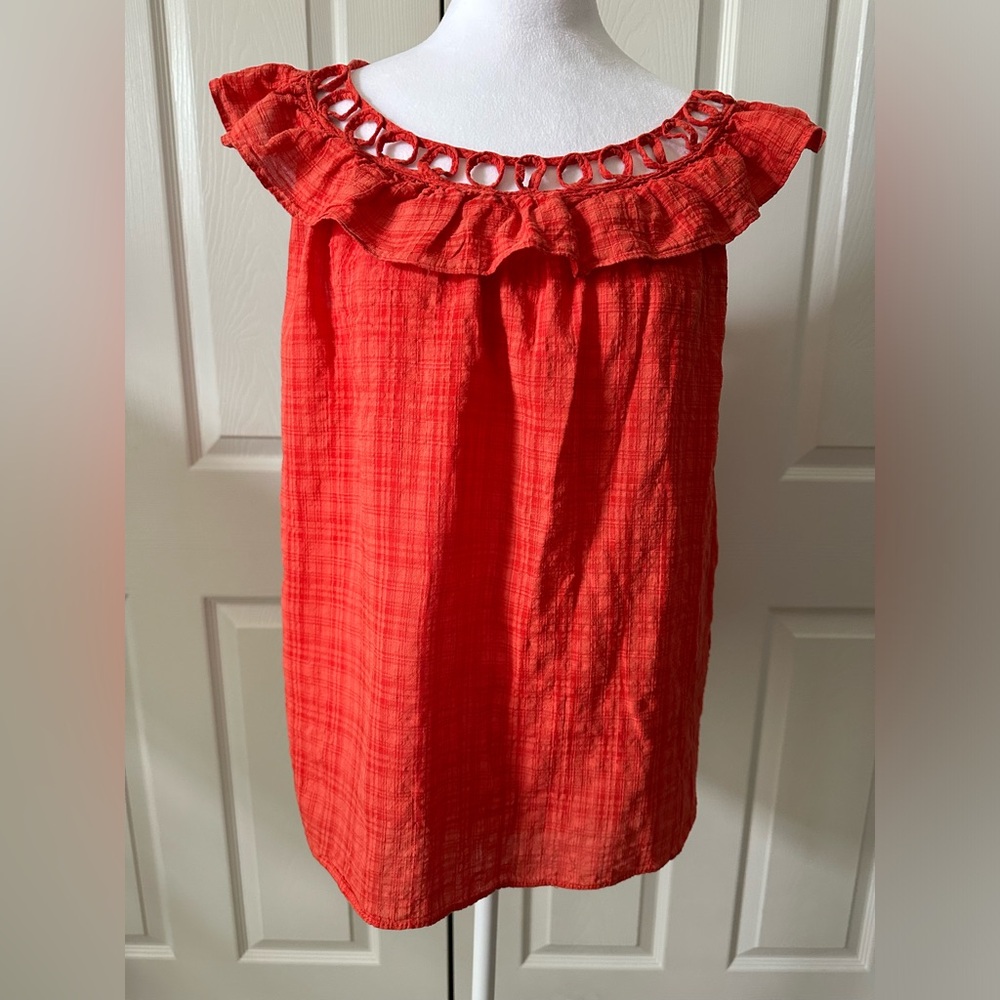Max Studio Ruffle Top, sleeveless, orange plaid, Medium